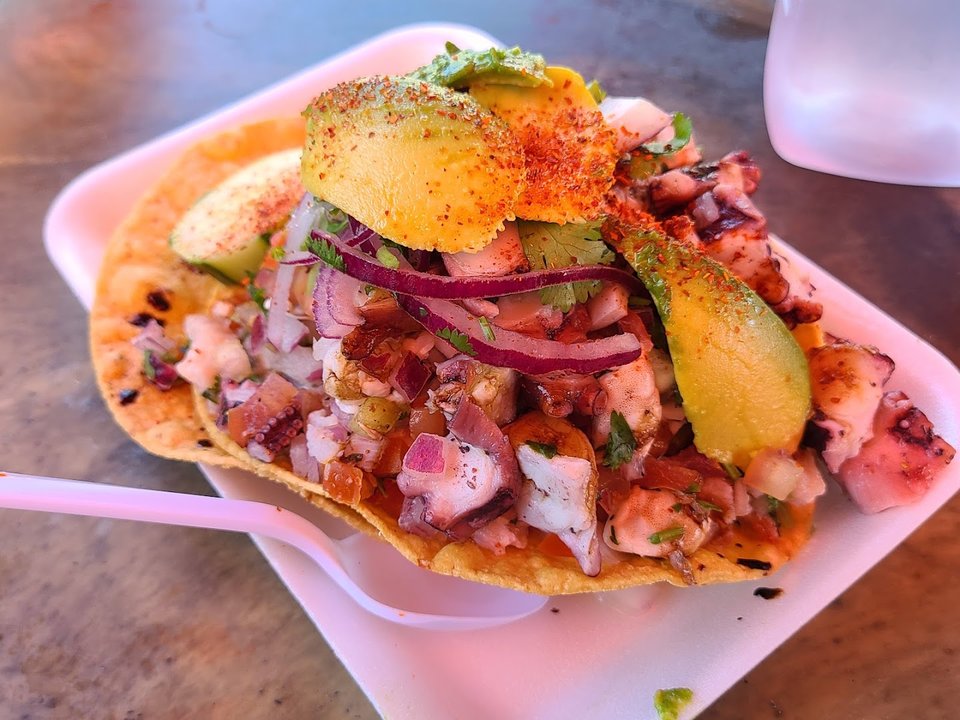 Colorful plates from a Mexican seafood restaurant.
